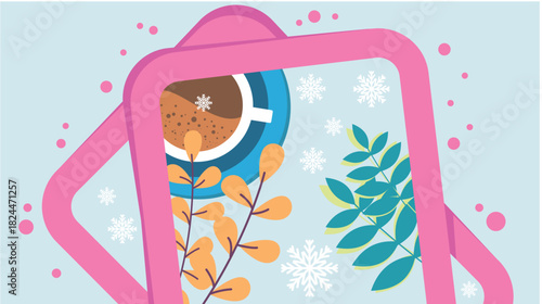 Pink phone with a cup of coffee and New Year's snow, Christmas branches, cards and frames