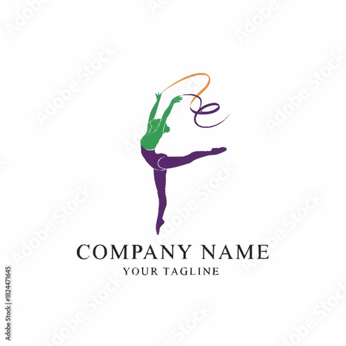 Elegant rhythmic gymnast with a swirling ribbon logo design.