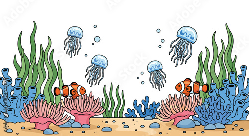 Delightful cartoon ocean scene showcasing clownfish, jellyfish, coral, and anemones for vibrant children's designs and educational materials