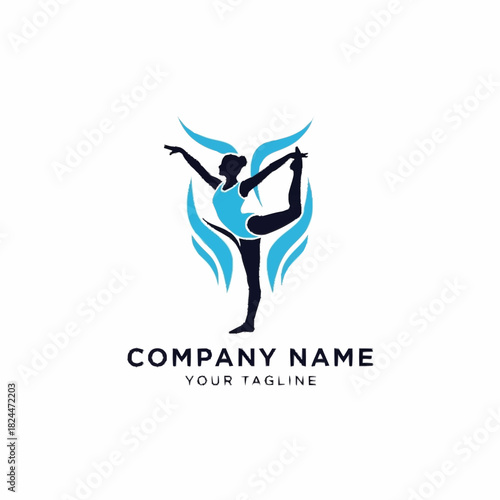 Elegant Yoga Pose Silhouette with Abstract Water Element Logo Design.