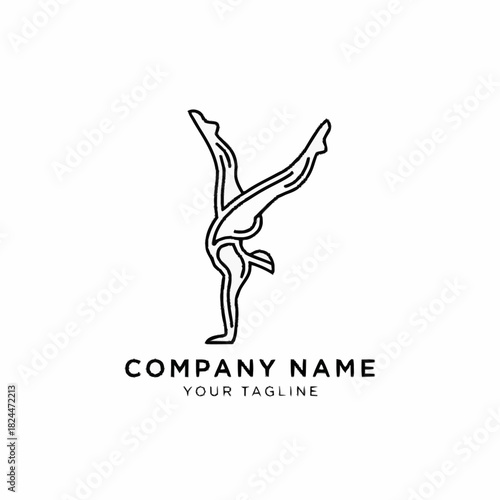 Elegant gymnast performing a handstand split line art logo.