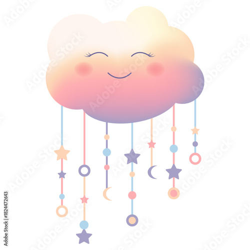 Cute pastel cloud with a smiling face, raining stars, moons, and circles. Whimsical and dreamy design perfect for kids or fantasy projects.