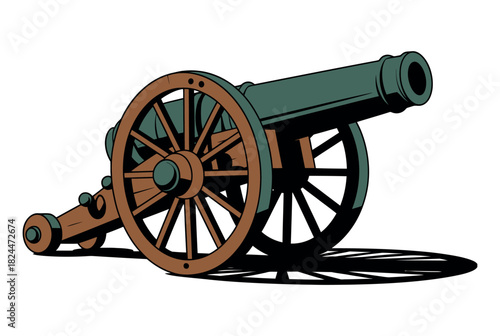A historical cannon is depicted against a white background with a shadow.