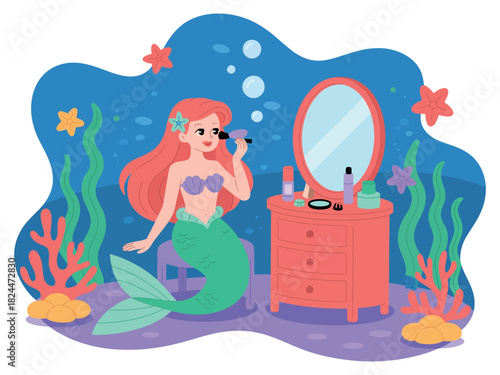 A whimsical mermaid applying makeup in her underwater dresser.