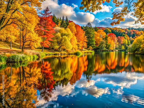 Vibrant Autumn Forest Reflection in Crystal-Clear Lake