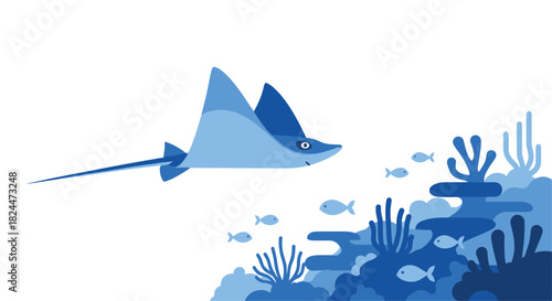 Delightful blue stingray swimming above coral reef with small fish in a minimalist ocean illustration, perfect for children's books