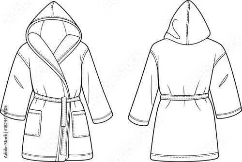 Hooded bathrobe illustration, fashion technical drawing, garment design sketch, robe with belt, front and back view, clothing construction details, apparel template