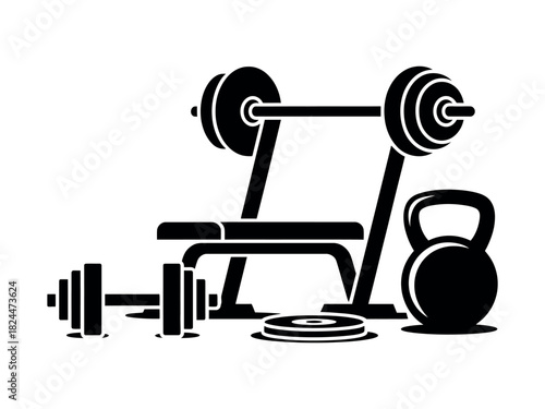 Gym equipment for strength training is arranged on a white background.