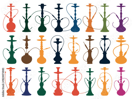 A collection of colorful hookahs is arranged in a grid pattern.