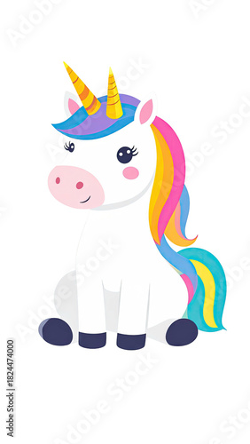 Cute cartoon unicorn with rainbow mane and horn.