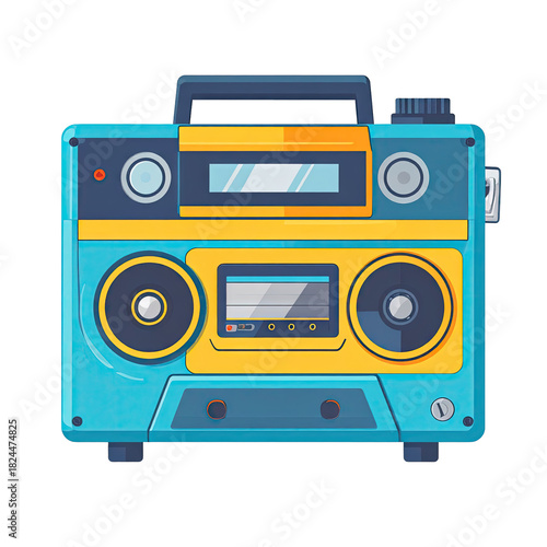 Retro Teal and Yellow Portable Music Boombox Cassette Player.