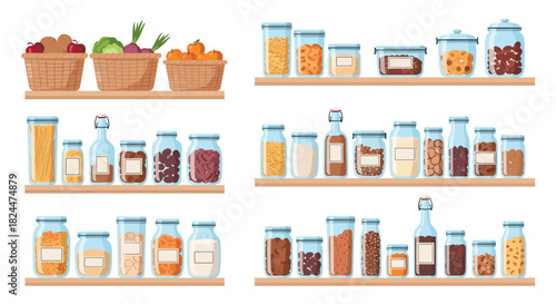Pantry stocked with vibrant fruits, vegetables, and grains in charming glass jars and baskets for a healthy lifestyle inspiration