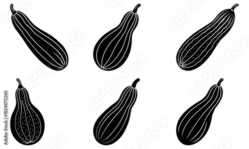 Illustration of six black and white zucchini vegetables arranged in a symmetrical pattern on white background