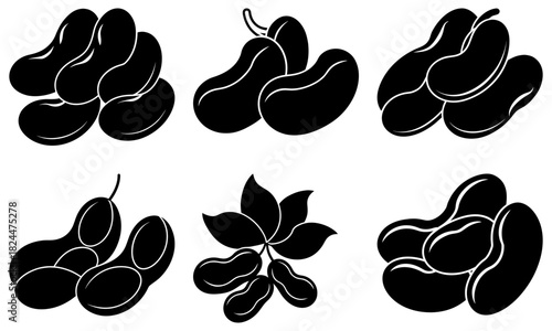 Illustration of six bean clusters in black and white with varying arrangements and leaf details present