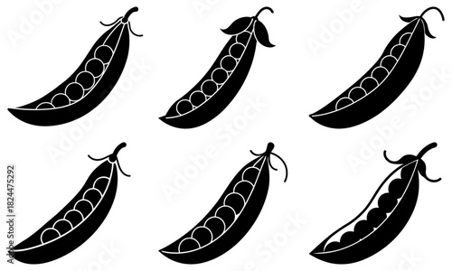 Illustration of six black pea pods with visible peas inside on a white background surface view