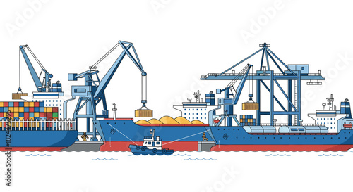 Dynamic illustration of ships being loaded with cargo containers by cranes at a busy port ready for global transport and shipping
