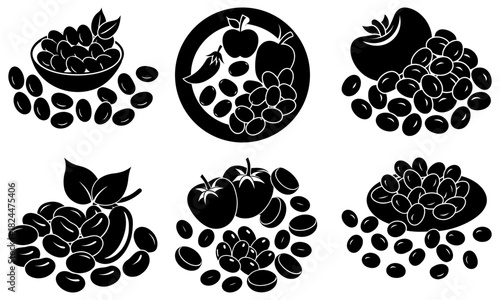 Illustration of assorted fruits and beans arranged in various compositions in black and white style