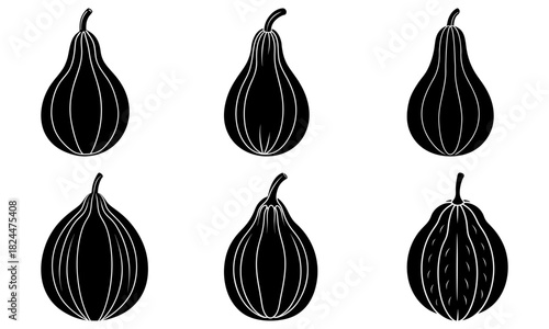 Six stylized gourds in black and white with varying stripe patterns and shapes in a simple arrangement