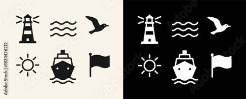 Nautical Adventure Icons – Lighthouse, Waves, Ship & Seagull Vector Set