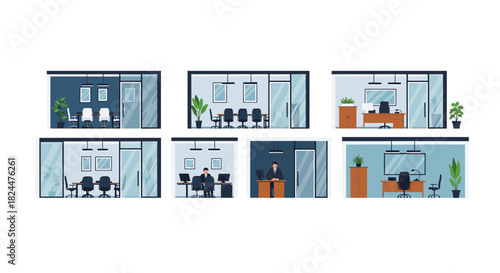 Modern office spaces showcase productivity and collaboration in stylish conference rooms and individual workstations for a dynamic team environment