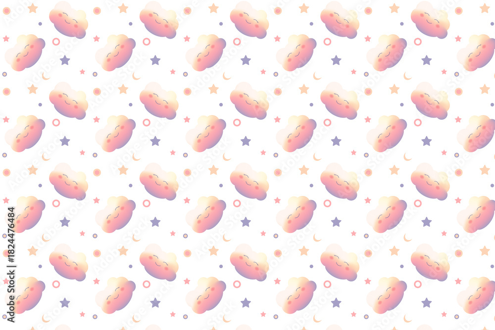 Whimsical seamless pattern with smiling pastel clouds, stars, and moons on a white background. Dreamy and cute design for kids or fantasy themes.