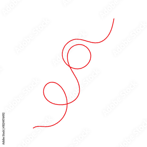 a red silk thread looped in a circle form, extending on both ends, symbolizing the red thread of fate in chinese tradition, on a pure white background with copy space.Line of red yarn, long red thread