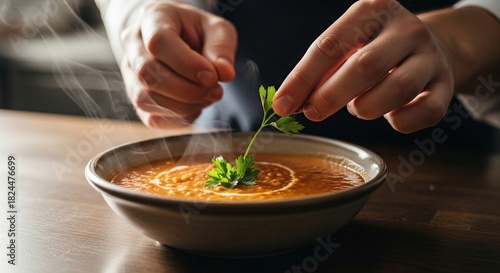 Fototapeta Naklejka Na Ścianę i Meble -  Chef Garnishing a Steaming Bowl of Delicious Soup with Fresh Herbs.