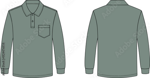 Long sleeve polo shirt flat sketch, classic collar three button placket, chest pocket apparel template, stitched cuffs hem, fashion garment illustration