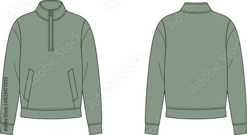 Long sleeve pullover flat sketch, fashion design technical drawing, half zip collar sweatshirt, ribbed cuffs hem, apparel template illustrationLong sleeve 