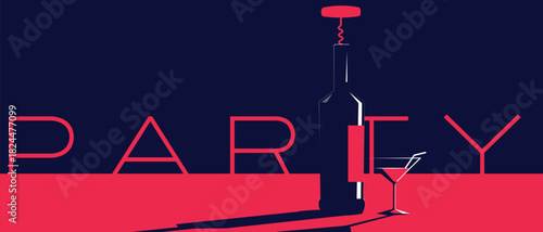 Horizontal banner for a restaurant, wine bar poster, dark background, flat design, wine bottle with a corkscrew, and a glass. Wine list, wine tasting, drink party, nightclub concept, red wine, white 