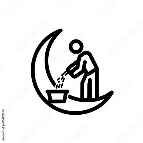 Crescent moon gardening icon of a person watering plants in a stylized lunar landscape