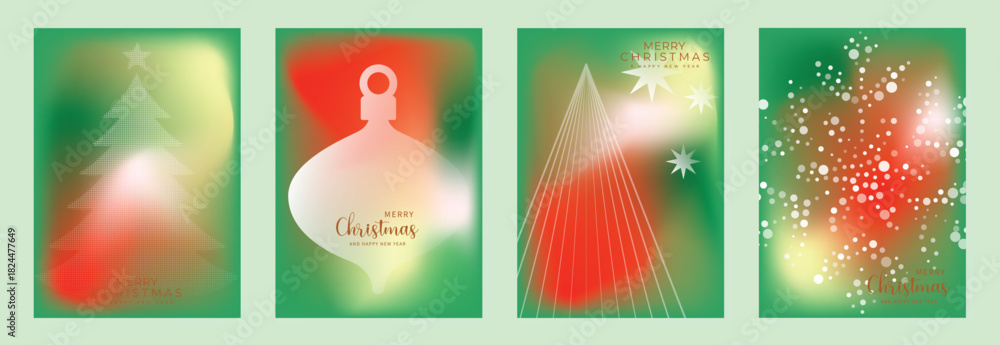 Obraz premium Merry Christmas and Happy New Year greeting card vector set. Modern gradient invitation with Christmas tree, bauble, gift, spot texture on green and red background.
