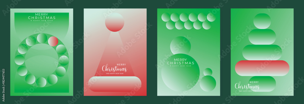 Naklejka premium Merry Christmas and Happy New Year greeting card vector set. Modern gradient invitation with Christmas tree, bauble, gift, spot texture on green and red background.