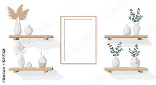 Elegant blank frame mockup for displaying art with stylish bohemian decor on floating shelves showcasing vases and pampas grass