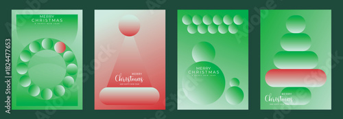 Merry Christmas and Happy New Year greeting card vector set. Modern gradient invitation with Christmas tree, bauble, gift, spot texture on green and red background. 