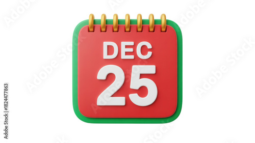A festive red and green 3d calendar page showing december 25th the date of christmas day isolated on transparent background