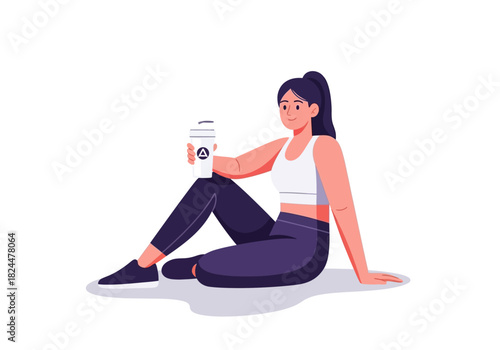 Woman in athletic wear holding a takeaway coffee cup, relaxing after a workout