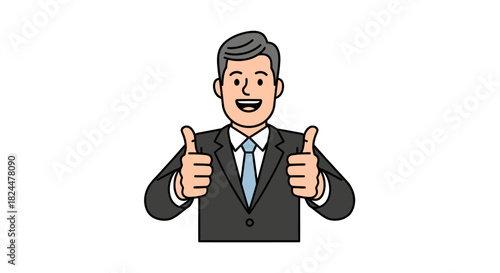 A successful businessman in a suit smiles and stands in the office, making a confident gesture by pointing his finger