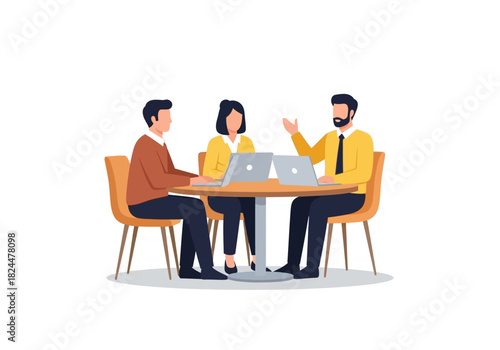 Business Meeting Three Professionals Collaborating Around a Table with Laptops