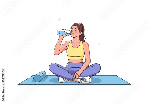Fit young woman in activewear rests on a yoga mat, rehydrating with water from a bottle. Fitness and health concept