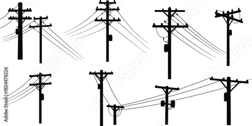 Silhouette of electrical power poles with cables and transformers, urban electricity network, high voltage utility infrastructure, and energy transmission system