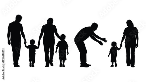 Family and children silhouettes isolated on white background, Vector