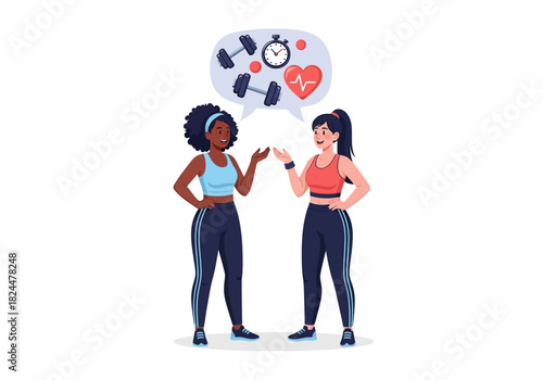 Two female friends in athletic wear discussing their workout routine, fitness goals, and healthy lifestyle