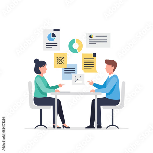 Business meeting illustration with two people discussing charts and data at a table