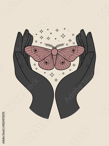 Mystic Hands Holding Moth Illustration – Minimalist Spiritual Artwork with Stars & Symbolic Elements.
