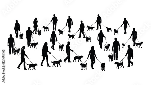 People walking dogs silhouettes isolated on white background, Vector