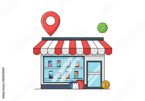 Flat design vector illustration of a mobile phone shop with a location pin, representing a local electronics retail business