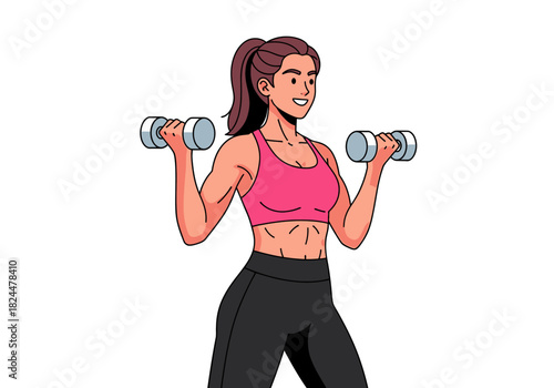 Fit woman performing bicep curls with dumbbells, showcasing strength and a healthy lifestyle
