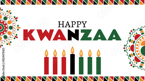 Festive decorations for Kwanzaa showcase vibrant colors and traditional symbols. Seven candles are displayed, representing unity and celebration during this special time.