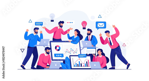 Modern business team collaborating on a project with digital data visualizations and charts on laptops and screens